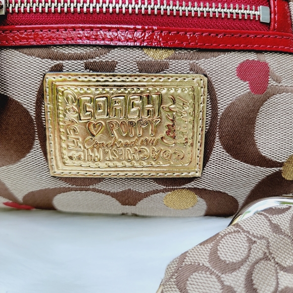 Coach Poppy Monogram Gold Sparkle Dots. Red Hearts &Trim Bag - Picture 2 of 16